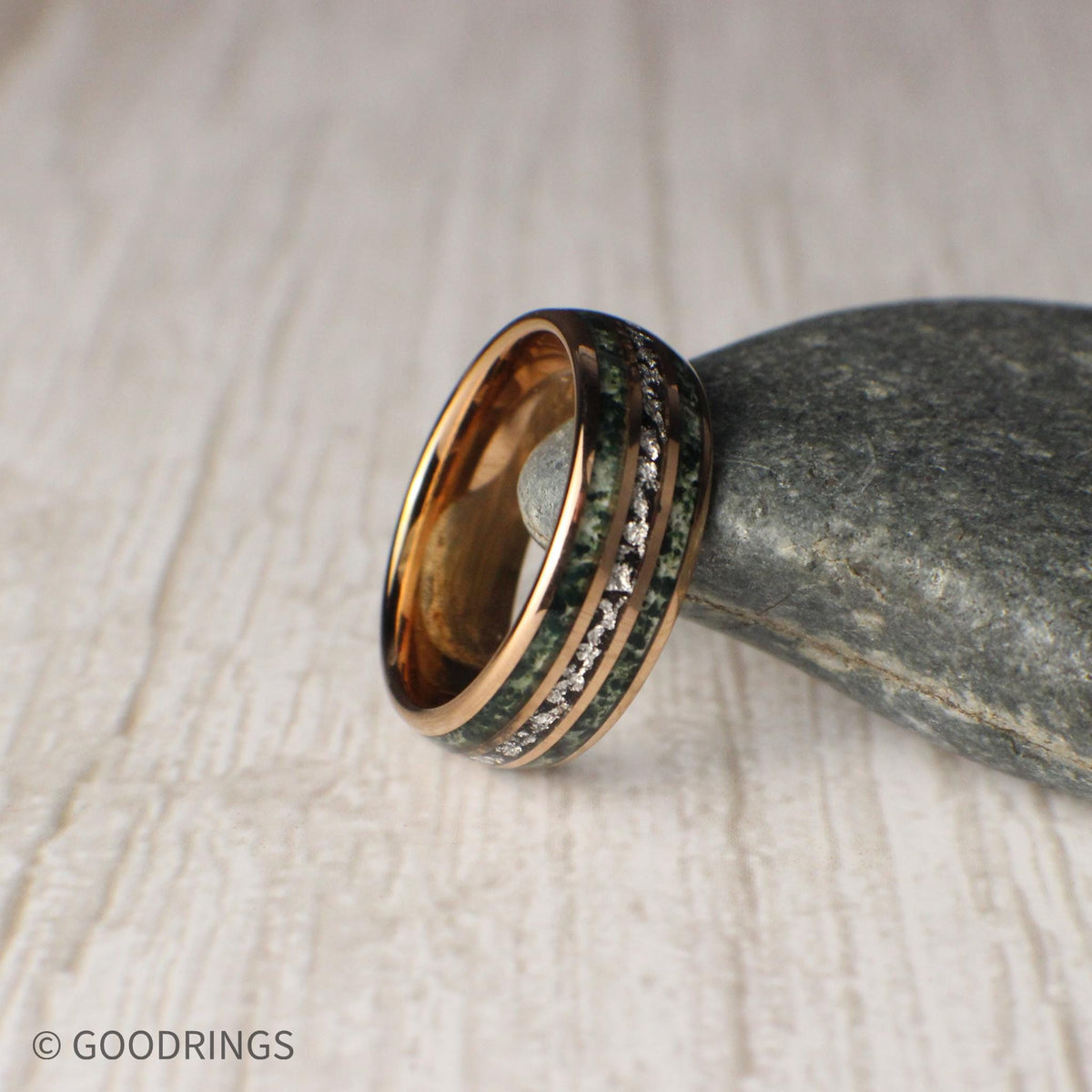 The Alder Set – moss agate and silver leaf couples rings