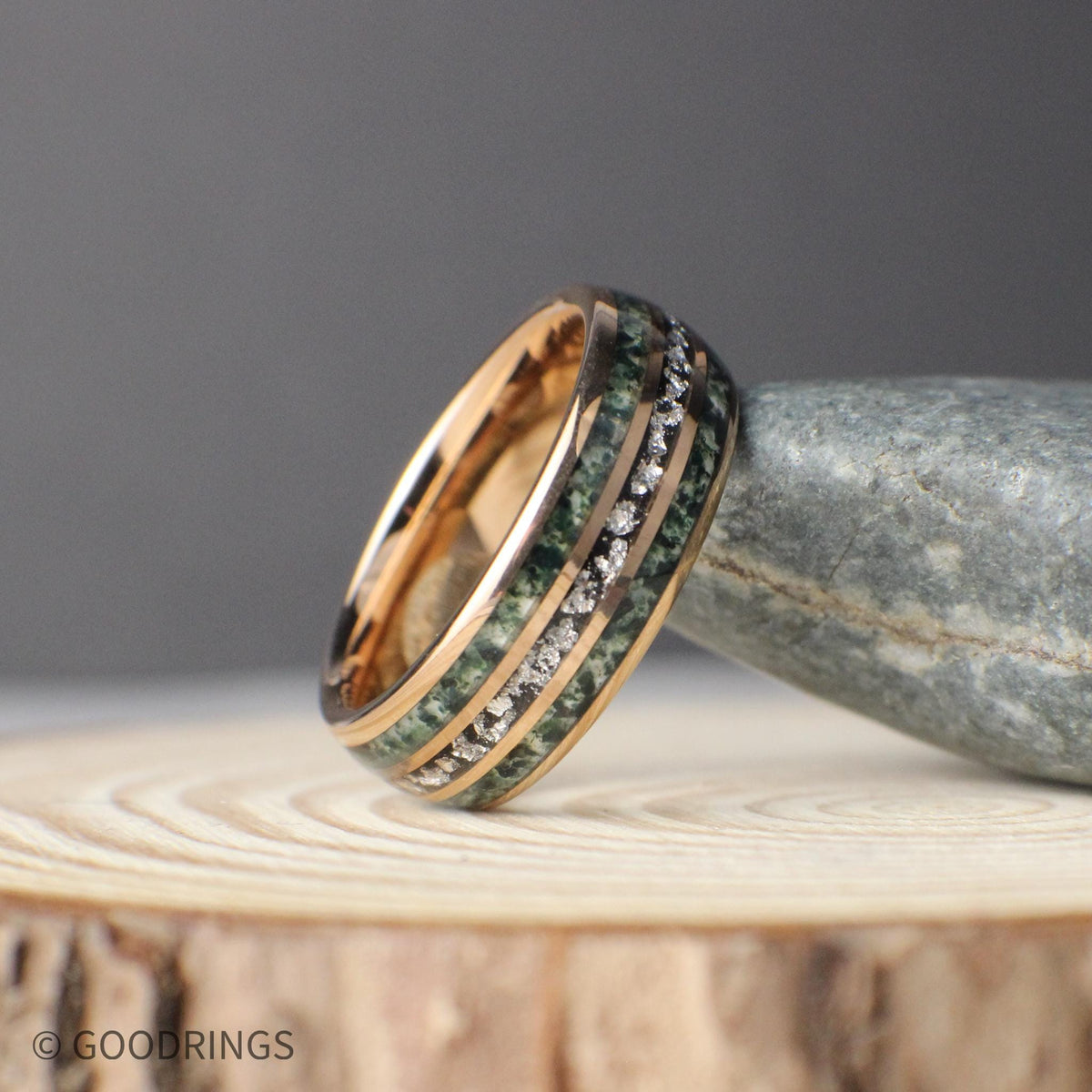 The Alder Set – moss agate and silver leaf couples rings