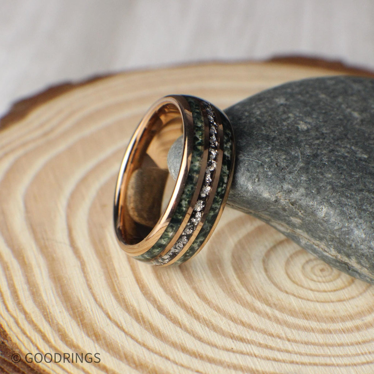The Alder Set – moss agate and silver leaf couples rings