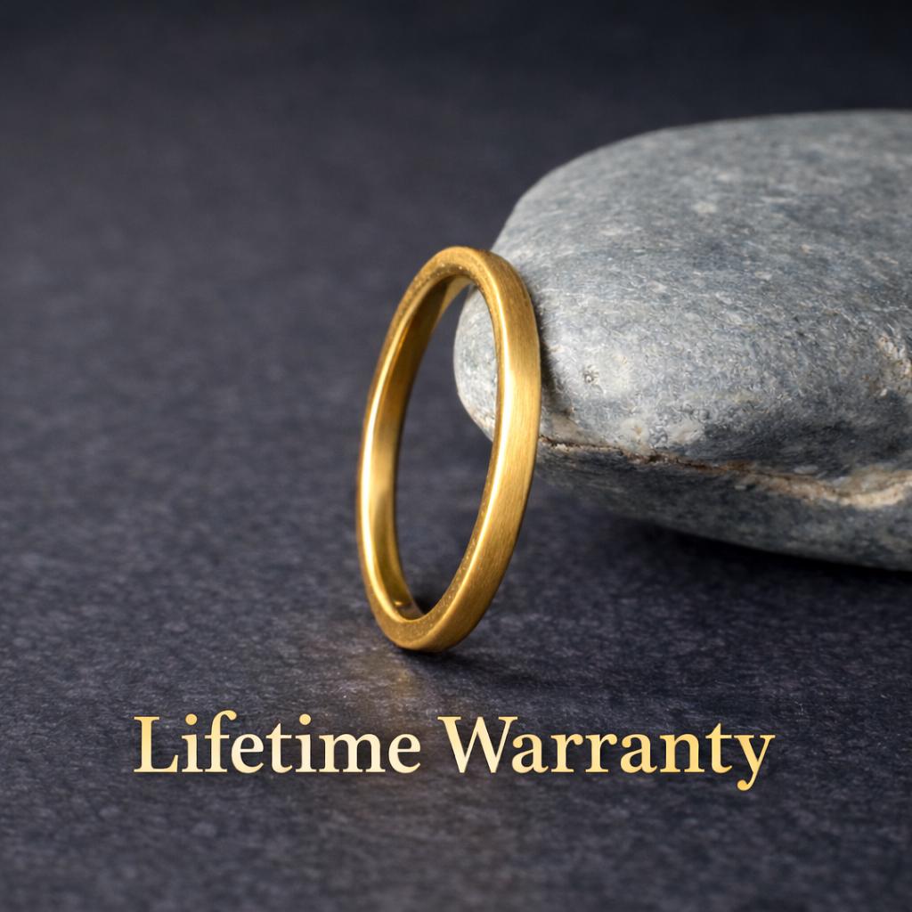 Gold tungsten wedding band standing upright beside a smooth gray stone on a dark textured background, featuring a brushed matte finish and polished inner edge. The image includes the words “Lifetime Warranty” in elegant gold lettering below the ring, highlighting durability and long-term value. Minimalist men’s or women’s wedding band with a clean, modern design.