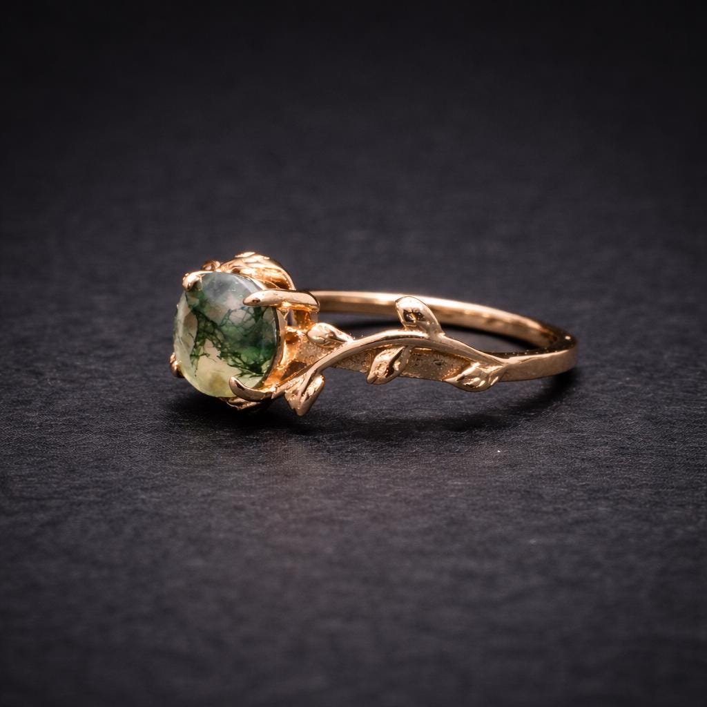 Side view of moss agate ring with a leaf design.