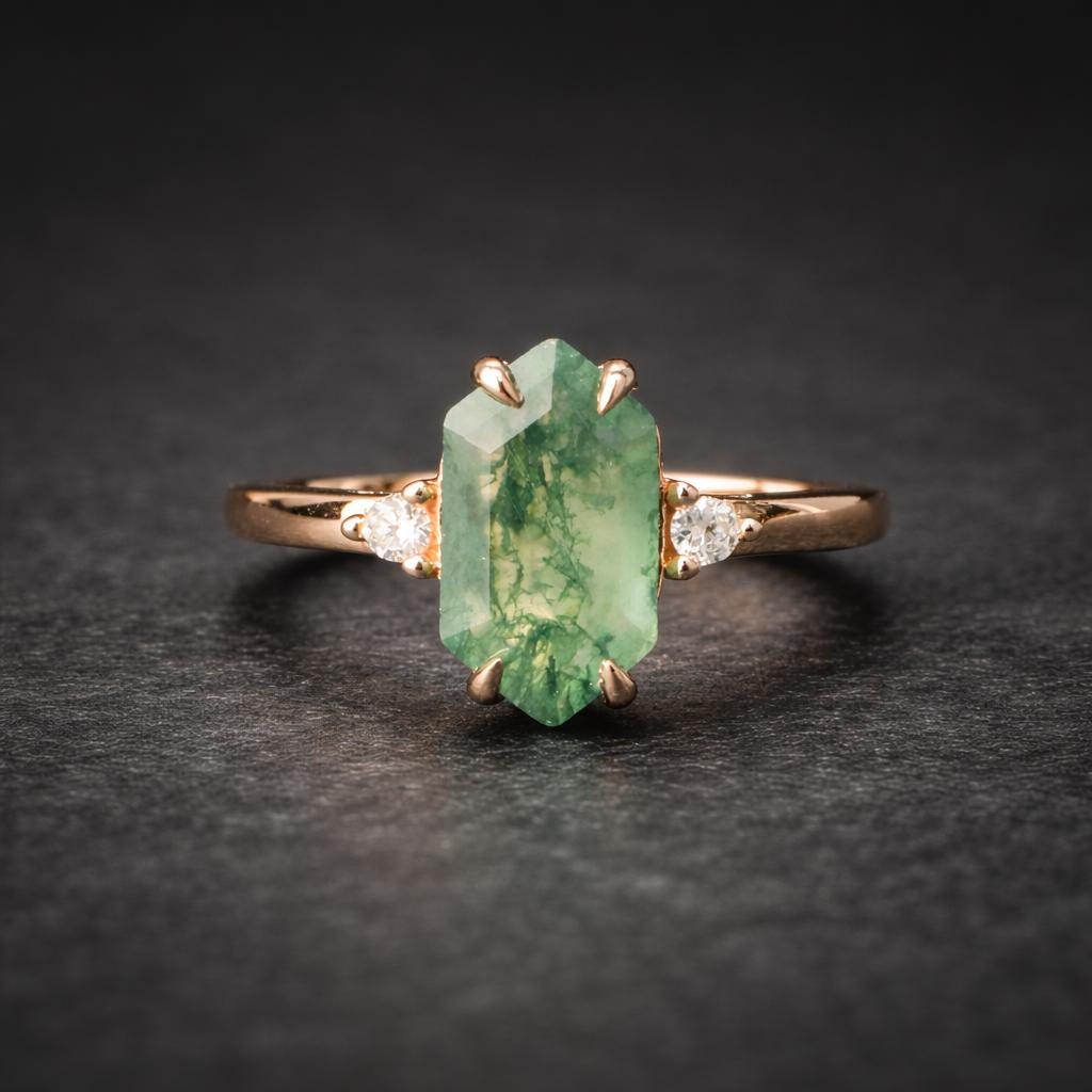 Front view of a moss agate engagement band on a black background. The ring has Cubic Zirconium stones on either side of the moss agate.