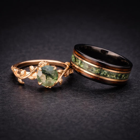 Moss agate couples ring set with black tungsten men’s band and rose gold women’s ring, nature inspired wedding rings