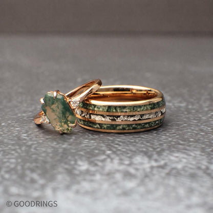 Moss agate wedding ring set with rose gold band and CZ diamonds engagement ring on textured gray background