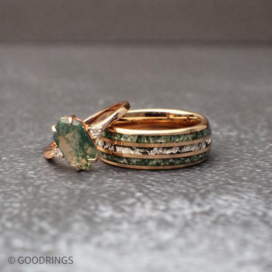 Moss agate wedding ring set with rose gold band and CZ diamonds engagement ring on textured gray background
