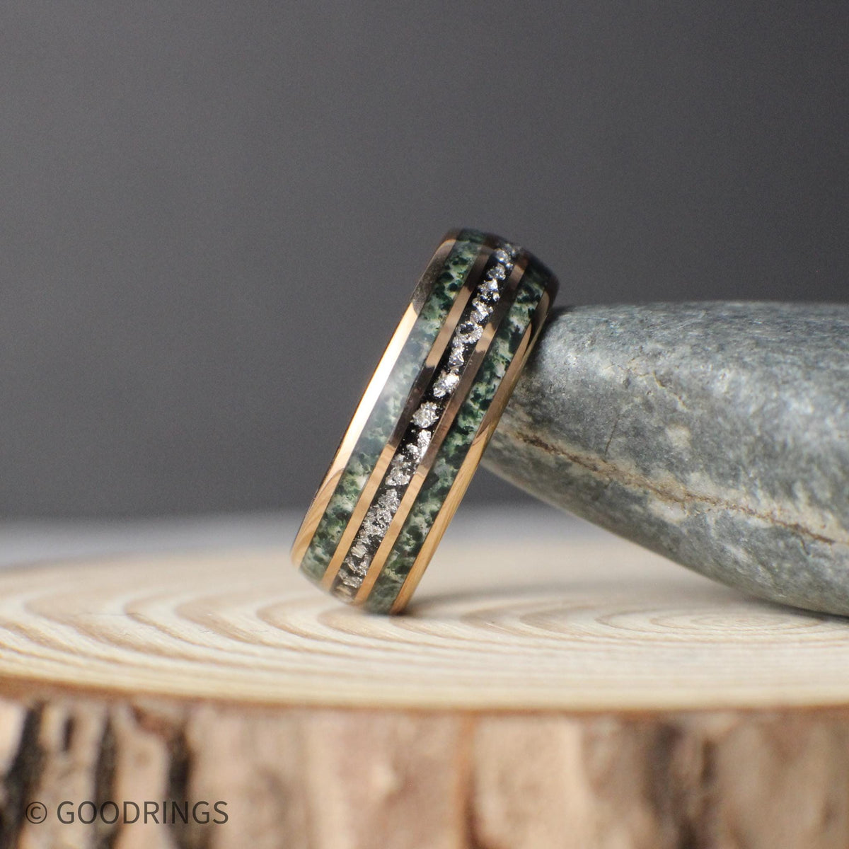 The Alder Set – moss agate and silver leaf couples rings