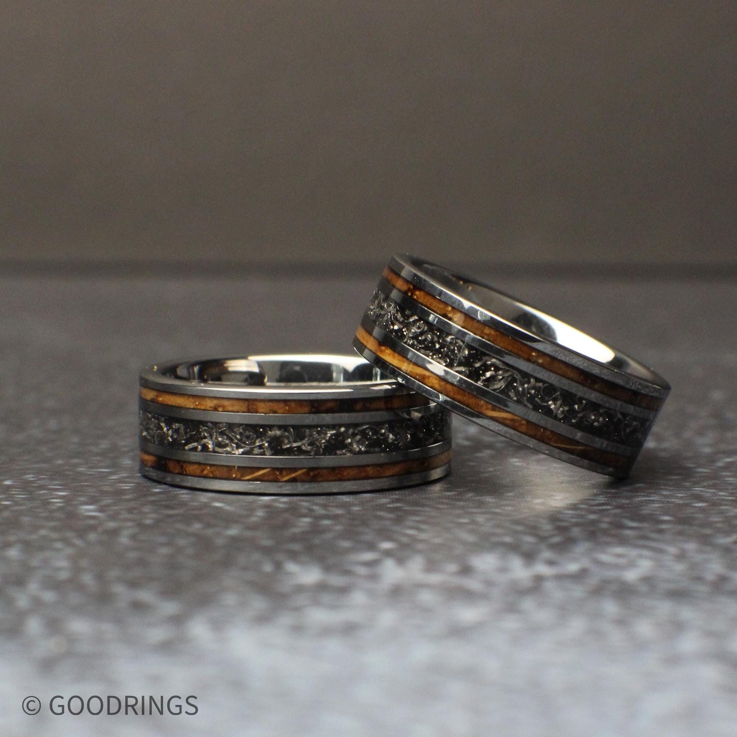 unique mens ring with meteorite and whiskey barrel wood, silver tungsten wedding band close up
