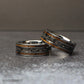 unique mens ring with meteorite and whiskey barrel wood, silver tungsten wedding band close up