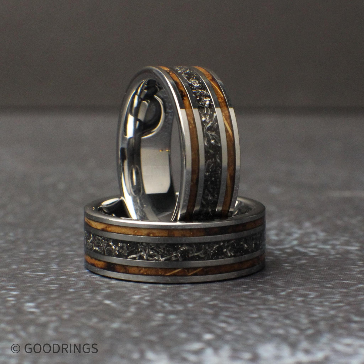 tungsten mens wedding band with meteorite and whiskey wood, polished silver edges, rustic mens ring