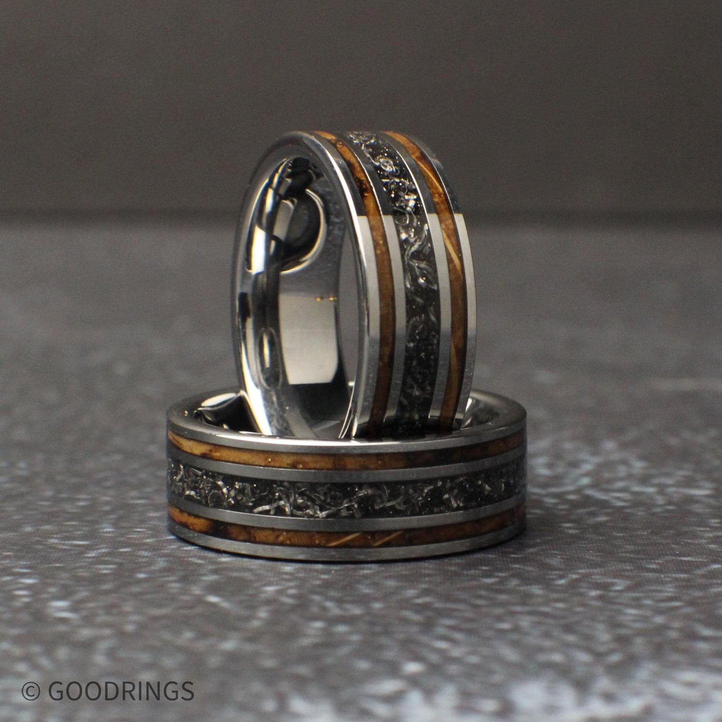 tungsten mens wedding band with meteorite and whiskey wood, polished silver edges, rustic mens ring