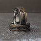 tungsten mens wedding band with meteorite and whiskey wood, polished silver edges, rustic mens ring
