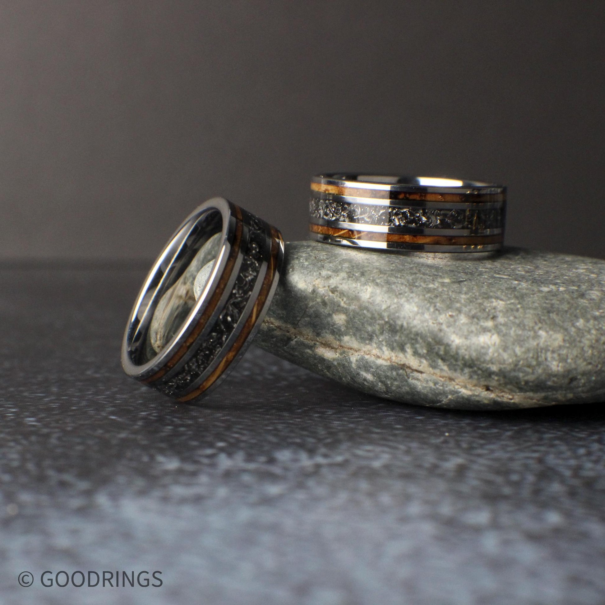 mens tungsten wedding band with meteorite center strip and wood inlays, masculine silver ring