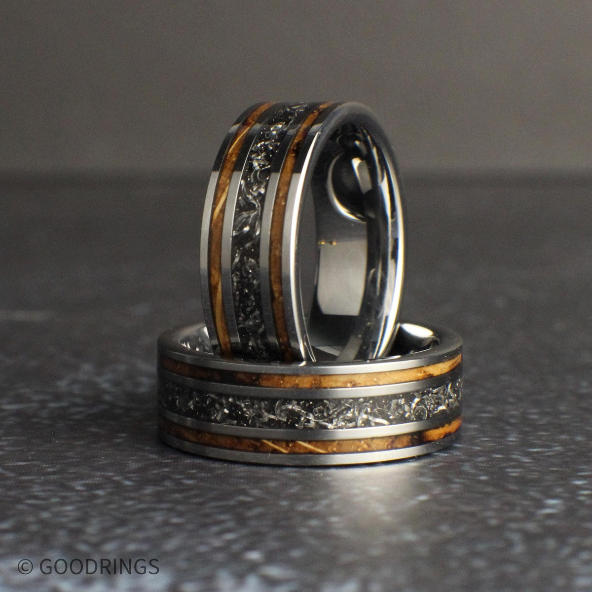 mens wedding band with meteorite and whiskey barrel wood inlay, silver tungsten ring, rustic mens ring