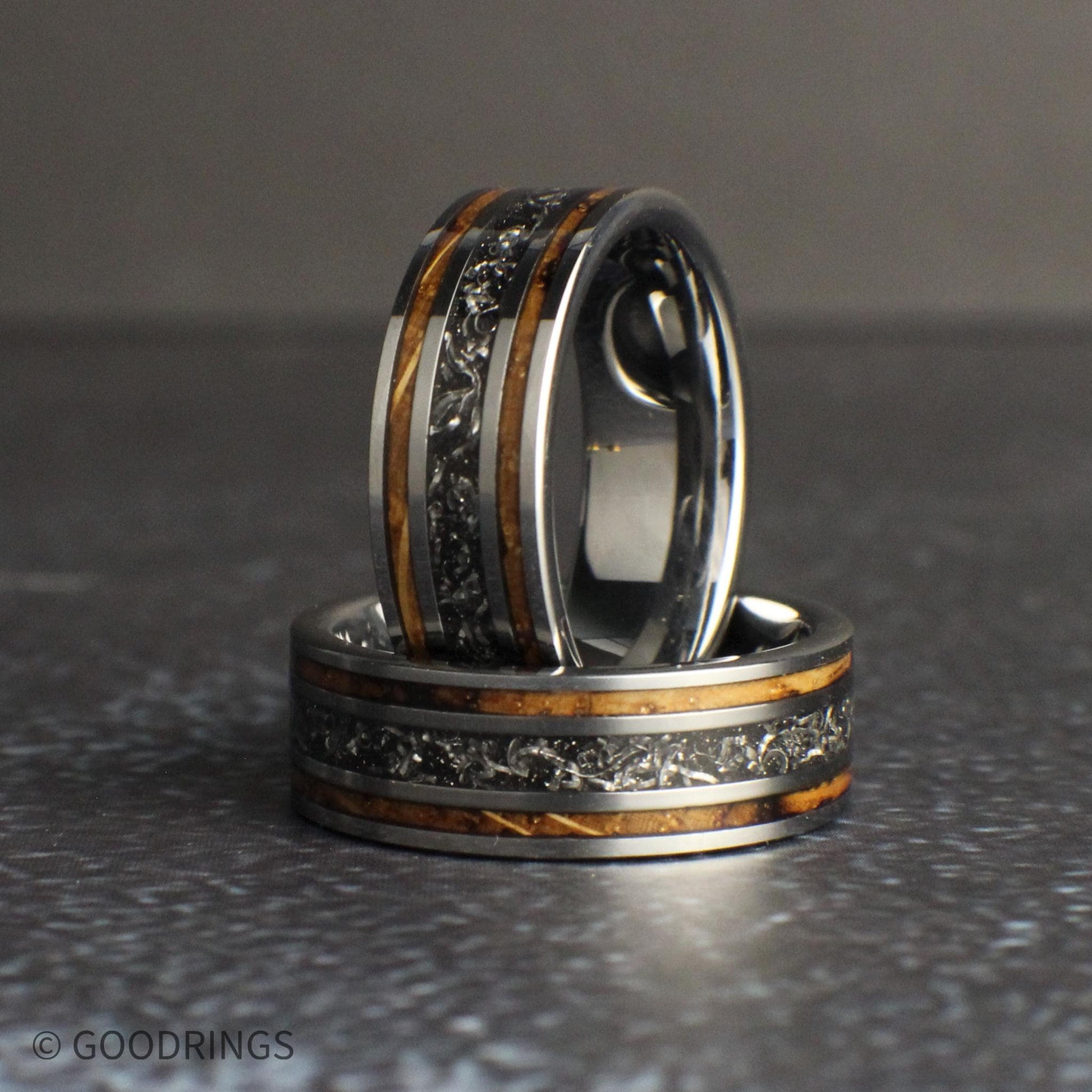 mens wedding band with meteorite and whiskey barrel wood inlay, silver tungsten ring, rustic mens ring