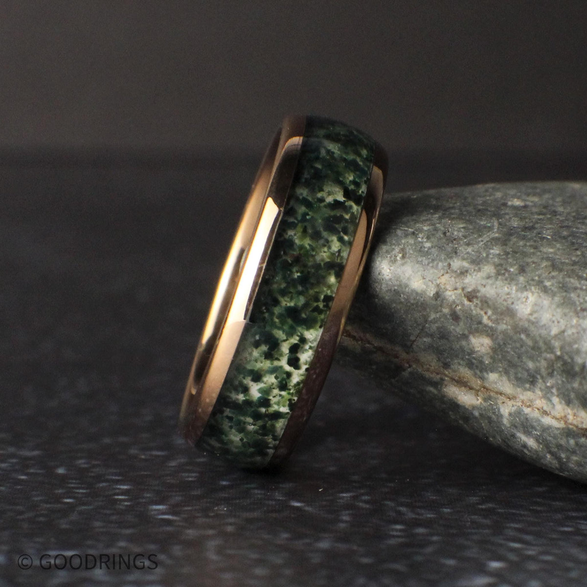 The Thicket – moss agate rose gold tungsten ring