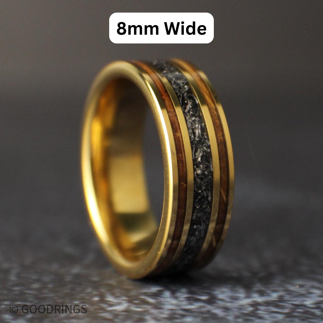 A mens wedding band sitting straight up with text above it saying 8mm wide