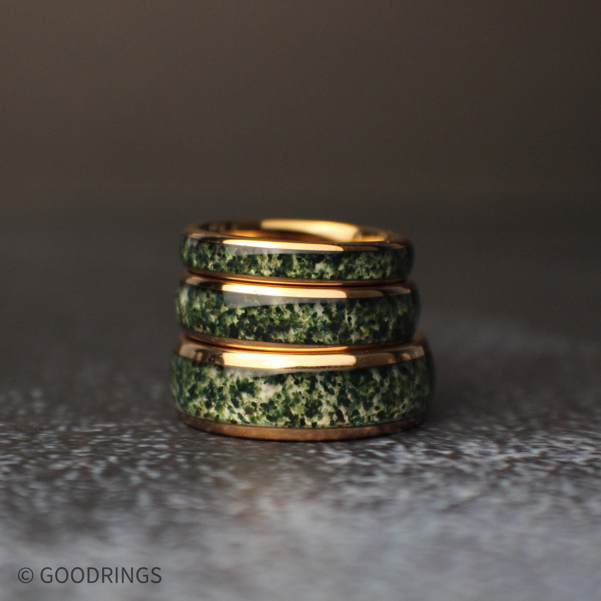 The Thicket – moss agate rose gold tungsten ring