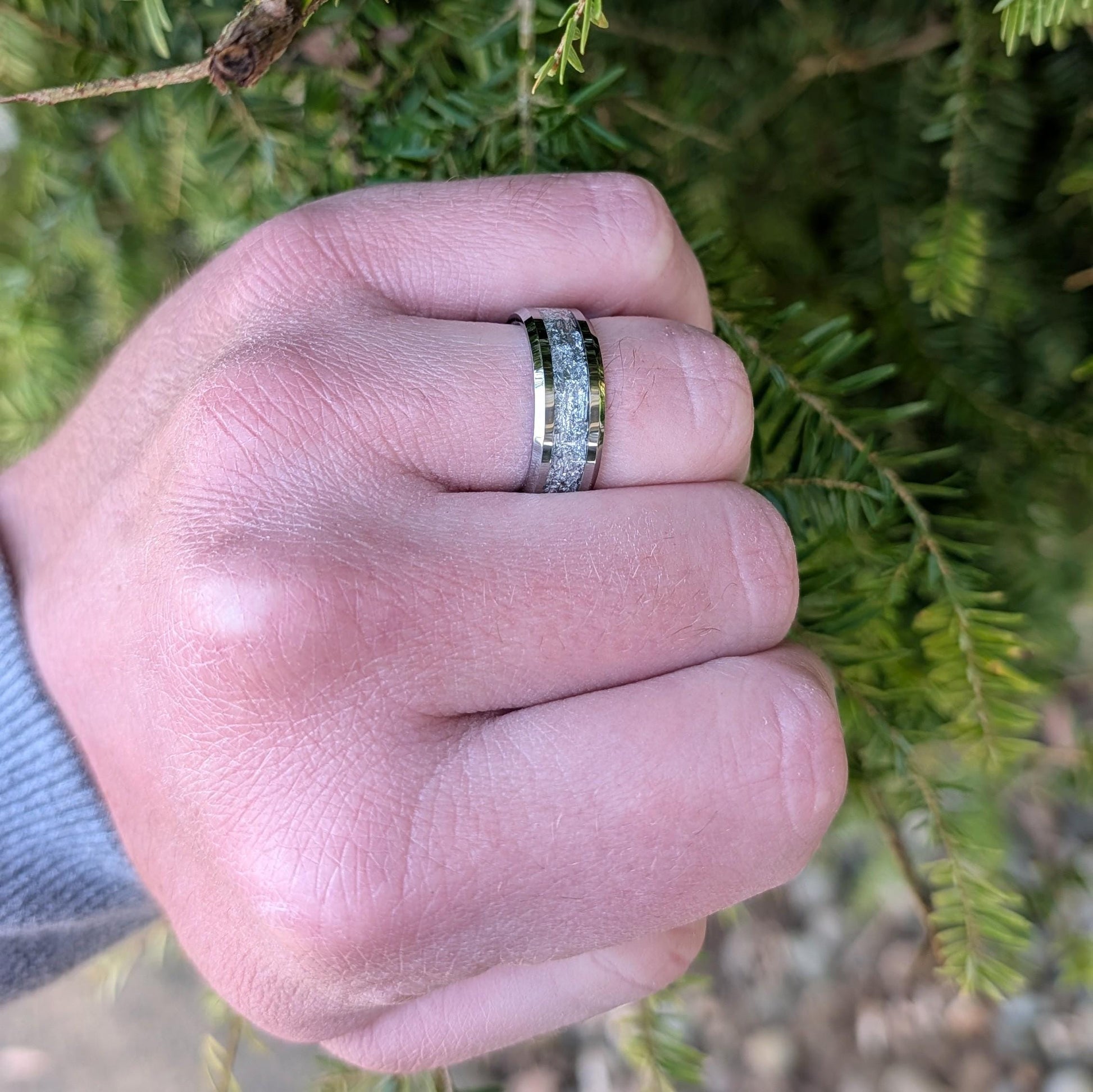 Men's Silver Wedding Ring | Tungsten Ring with Silver Leaf | Unique Wedding Band