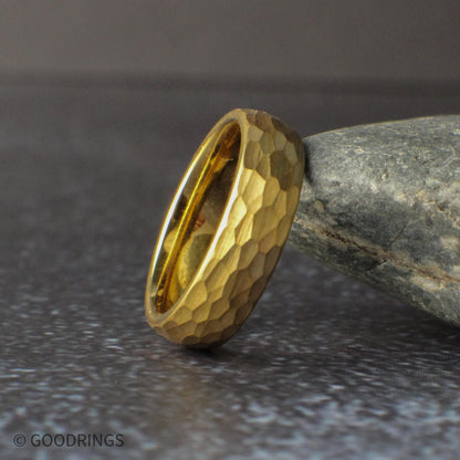 Classic 6mm hammered gold tungsten wedding band with a domed shape and textured finish. This ring offers a traditional width with a modern twist, making it a perfect choice for men’s wedding bands or anyone wanting a durable gold ring with added visual interest.