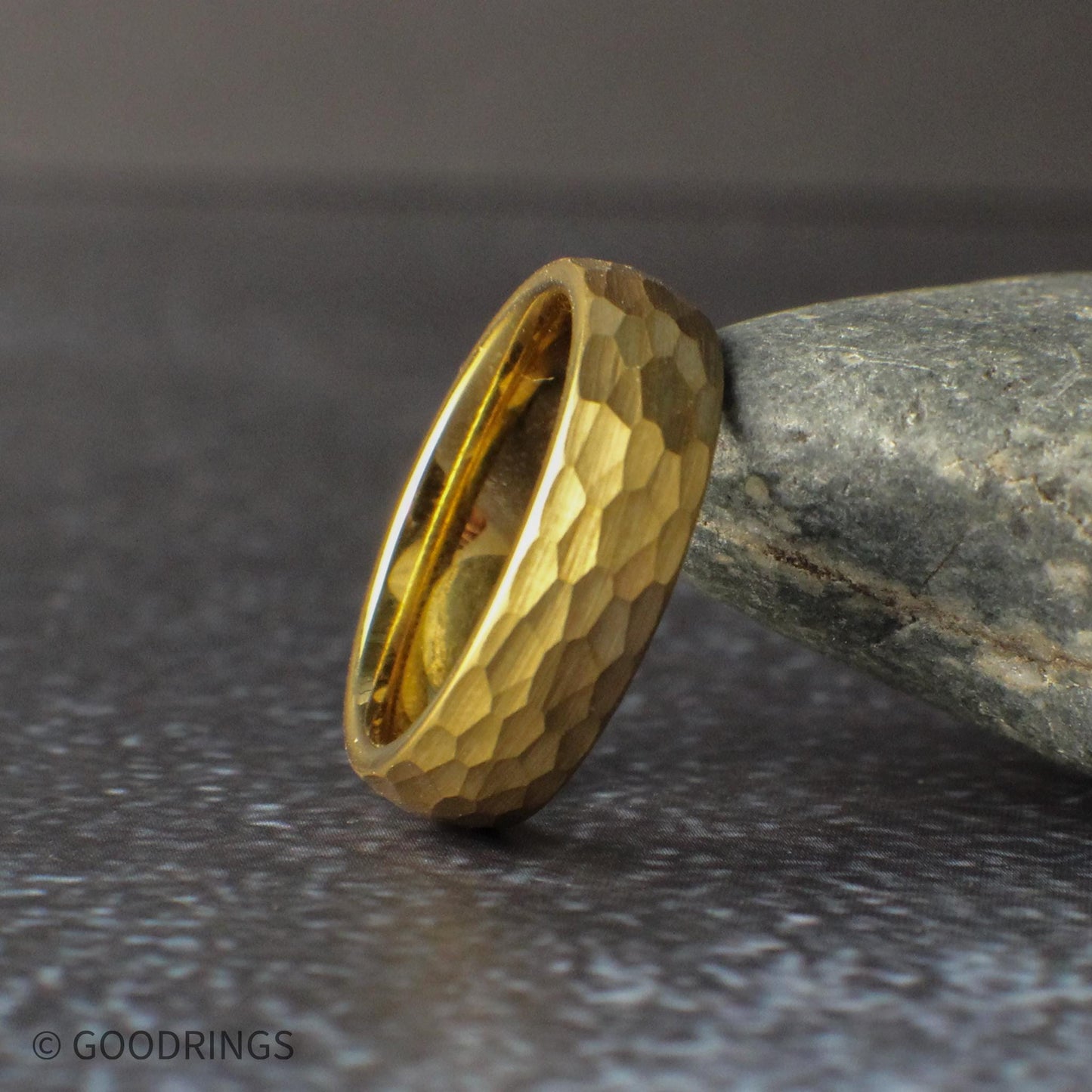 Classic 6mm hammered gold tungsten wedding band with a domed shape and textured finish. This ring offers a traditional width with a modern twist, making it a perfect choice for men’s wedding bands or anyone wanting a durable gold ring with added visual interest.