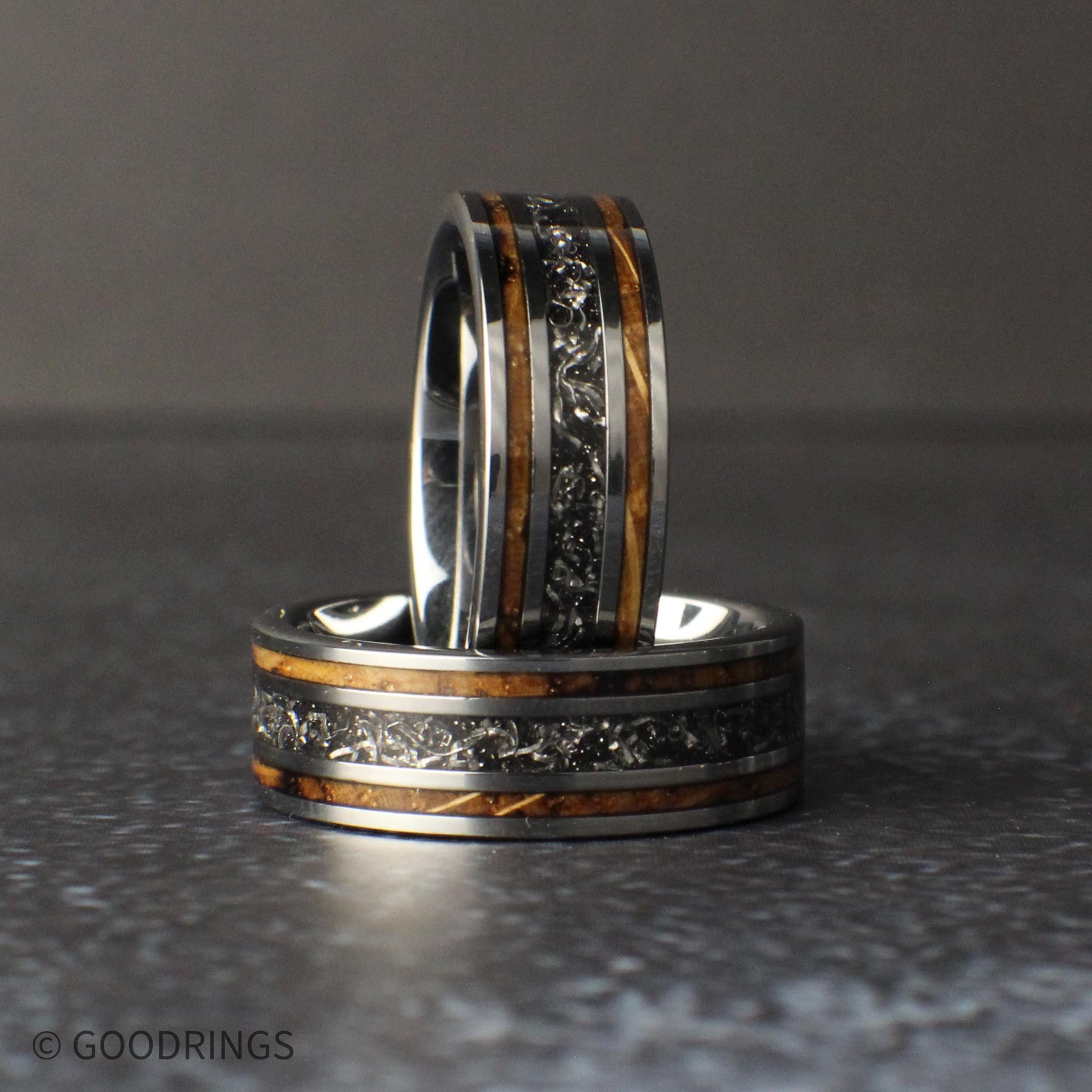 mens wedding band with dual wood inlays and meteorite center, silver tungsten ring with rustic design