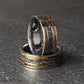 silver tungsten mens ring with meteorite inlay and whiskey barrel wood, unique wedding band for men