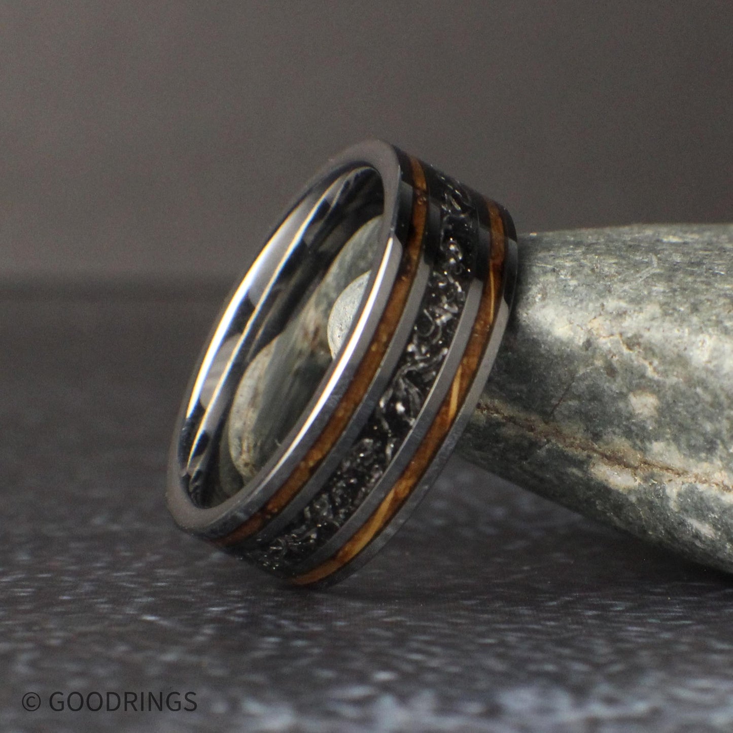 handcrafted mens ring with meteorite and wood inlay, silver tungsten wedding band for him