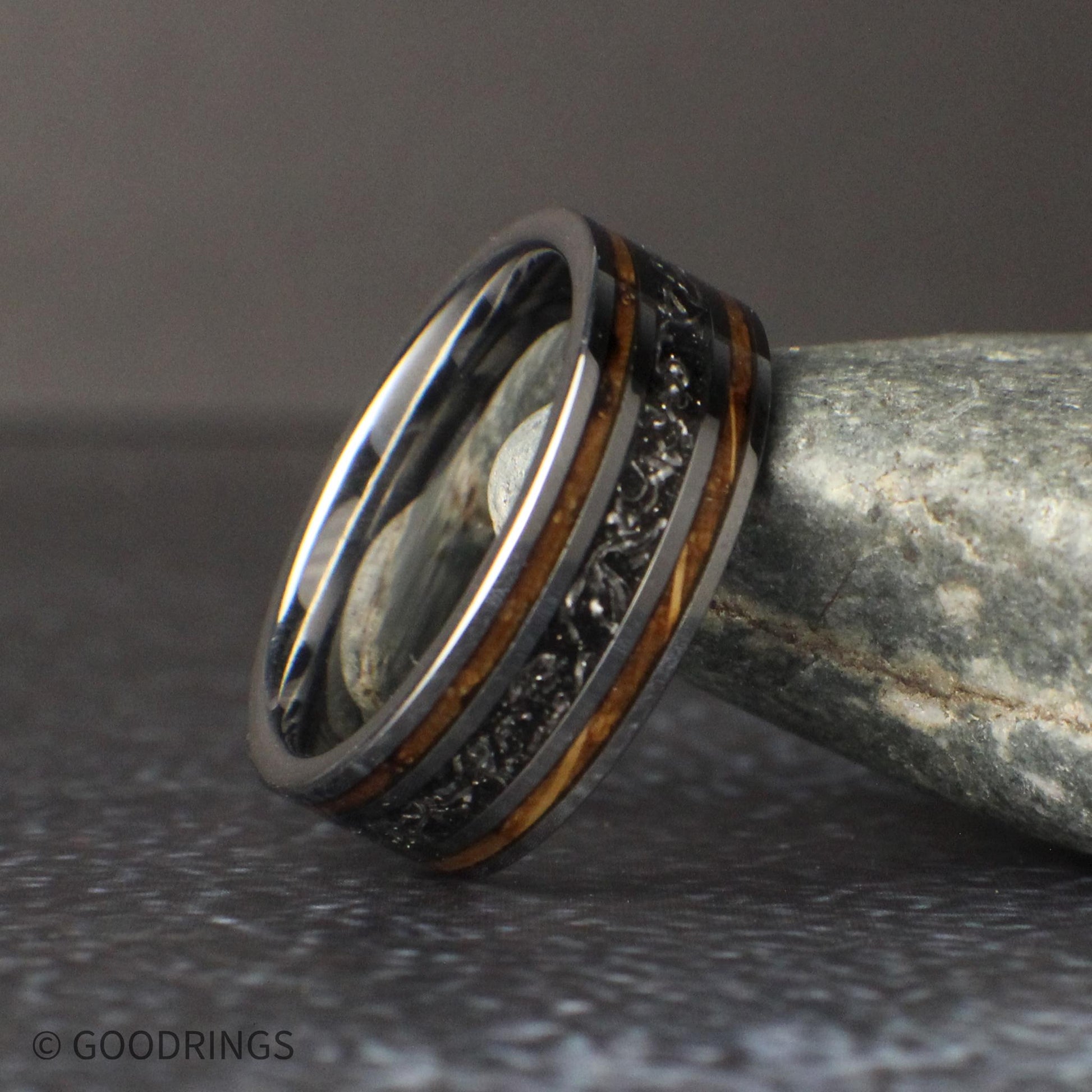 handcrafted mens ring with meteorite and wood inlay, silver tungsten wedding band for him