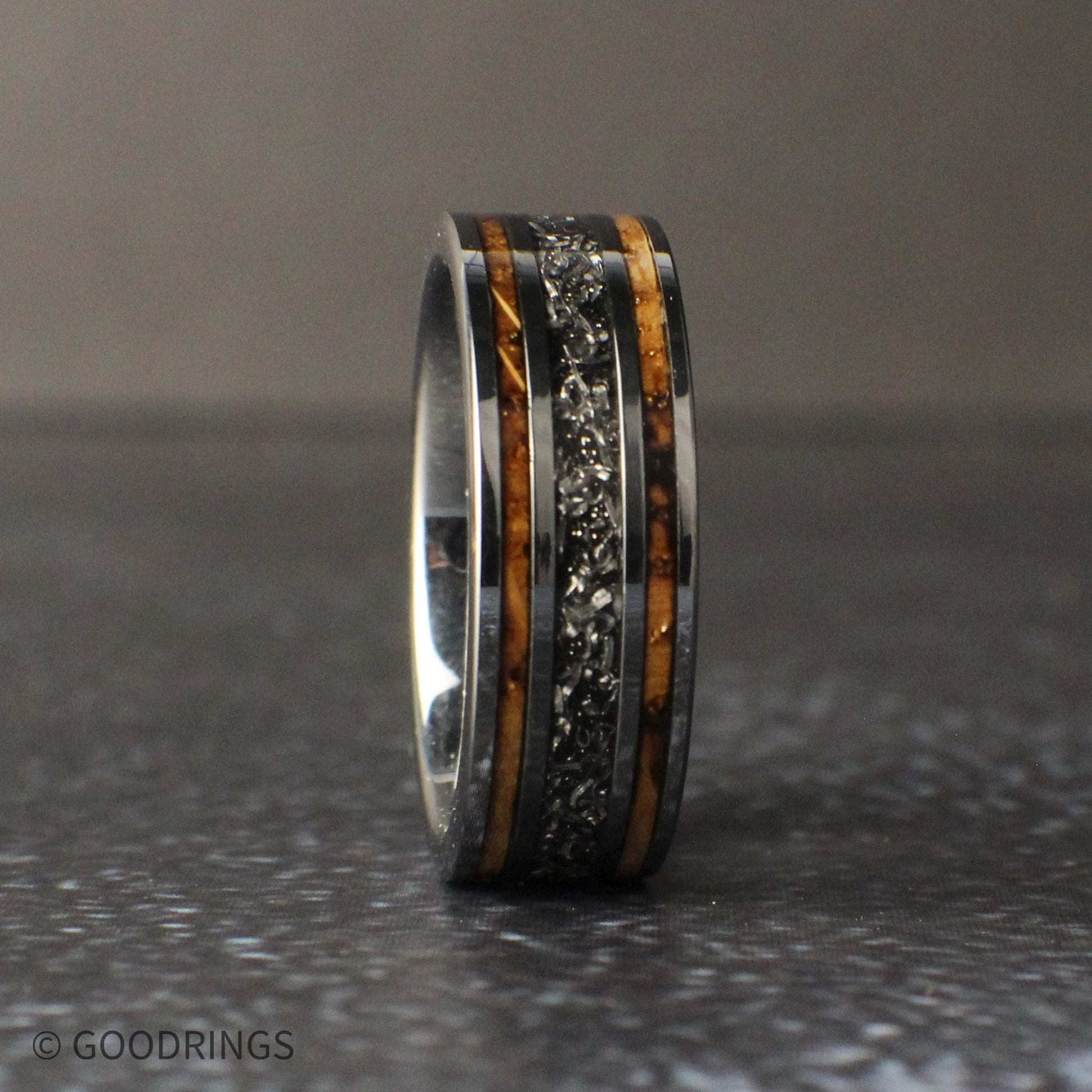 mens ring with real meteorite center and wood inlay, silver tungsten wedding band, unique mens jewelry
