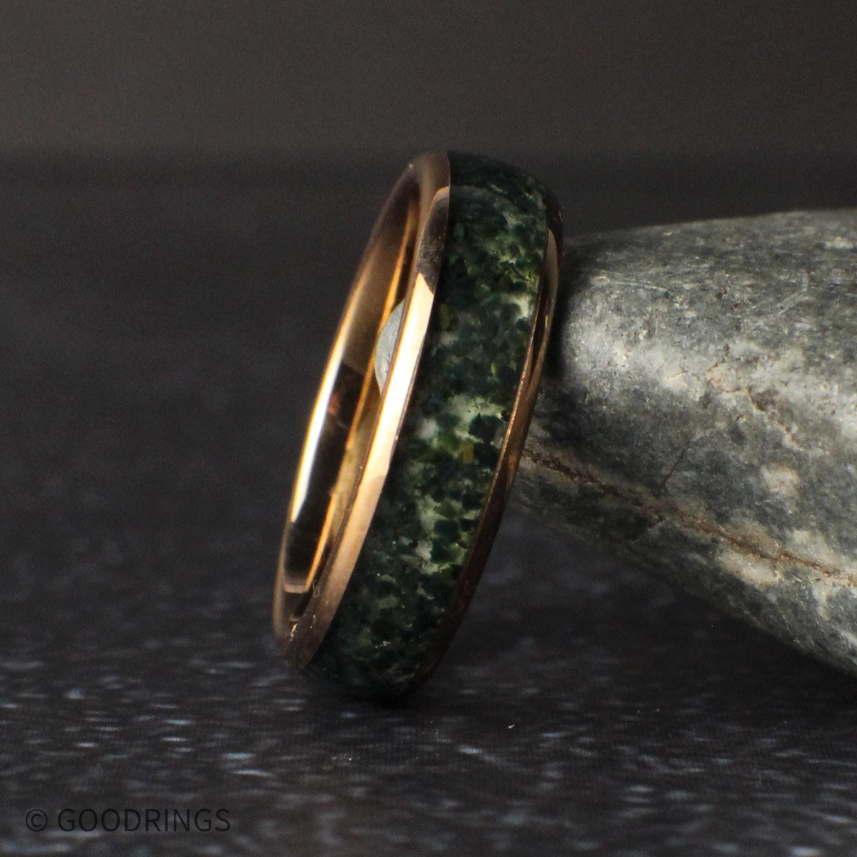 The Thicket – moss agate rose gold tungsten ring