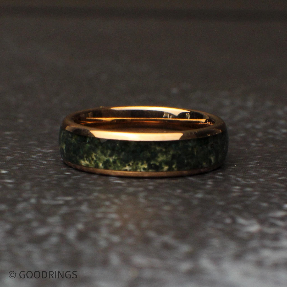 The Thicket – moss agate rose gold tungsten ring
