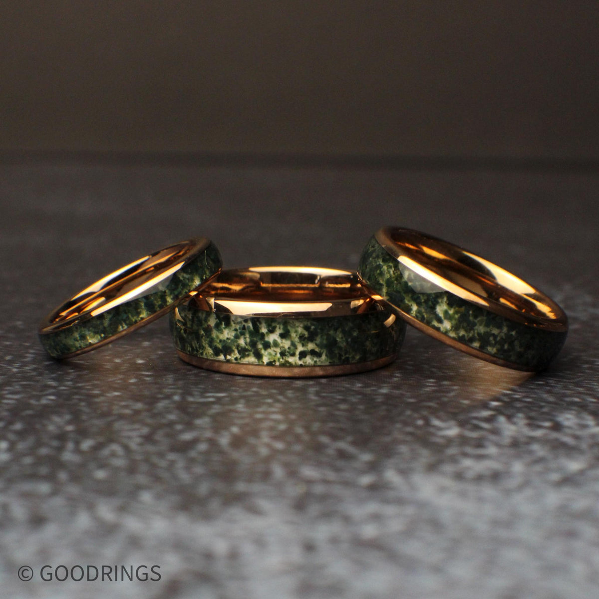 The Thicket – moss agate rose gold tungsten ring