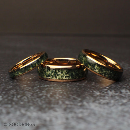 The Thicket – moss agate rose gold tungsten ring