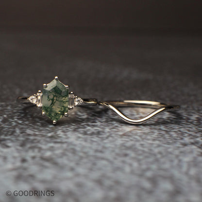 Side view of moss agate engagement ring and matching curved wedding band, sterling silver with cubic zirconia stones