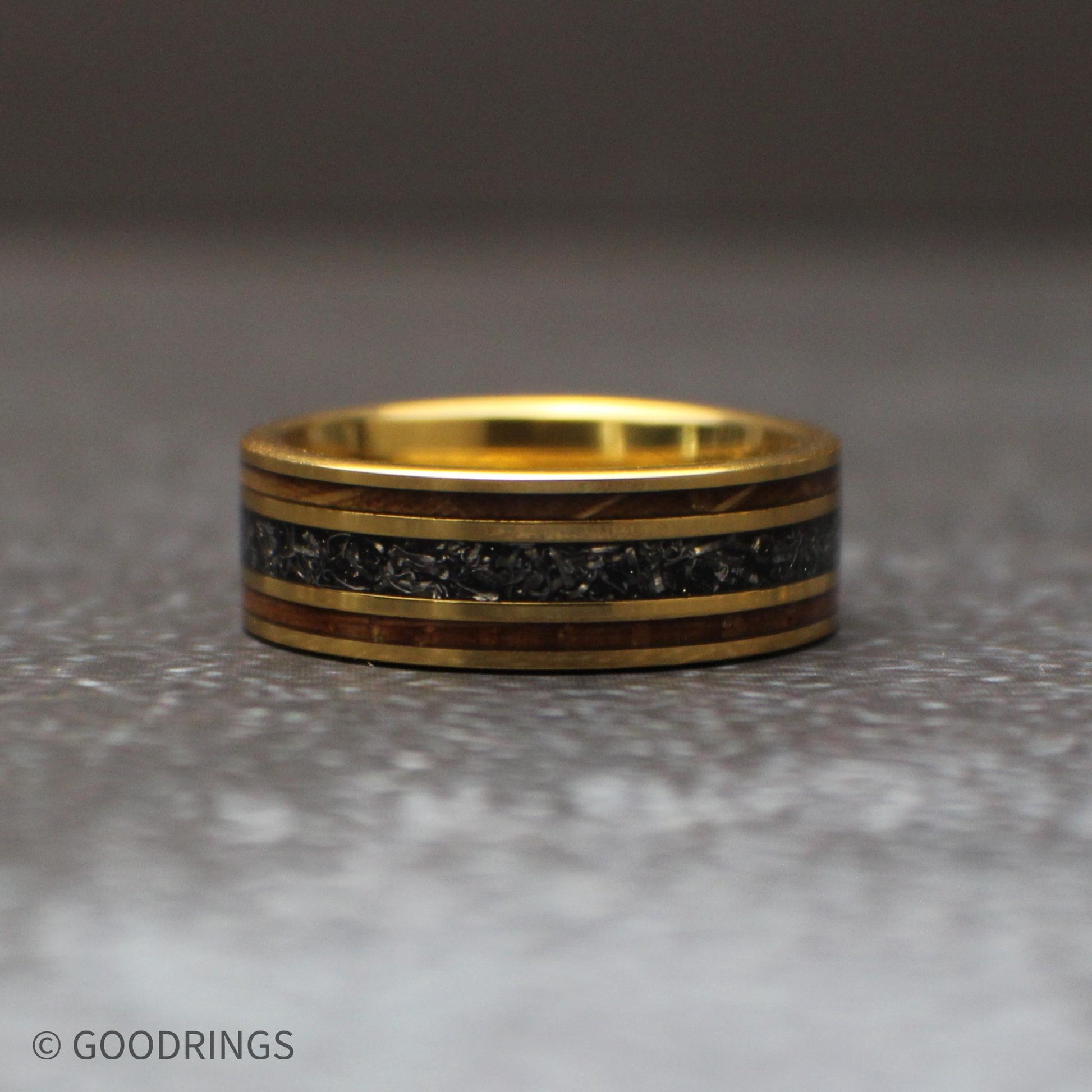 8mm wide ring with meteorite laying flat