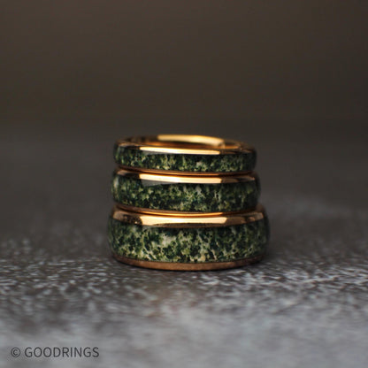 The Thicket – moss agate rose gold tungsten ring