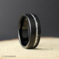 Front view of an 8mm black tungsten men’s wedding band with a narrow genuine silver leaf inlay and brushed finish.