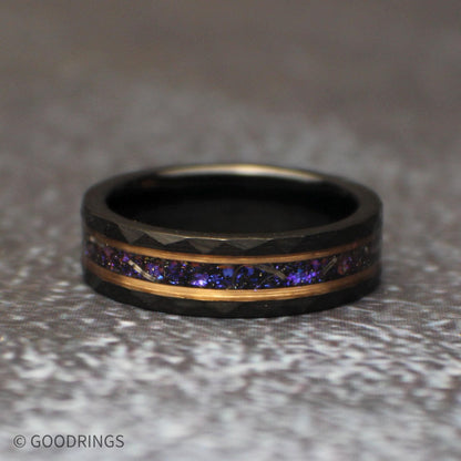 Straight front view of the galaxy-inspired tungsten wedding band, showing its shimmering purple center, silver meteorite shavings, and warm accent lines.