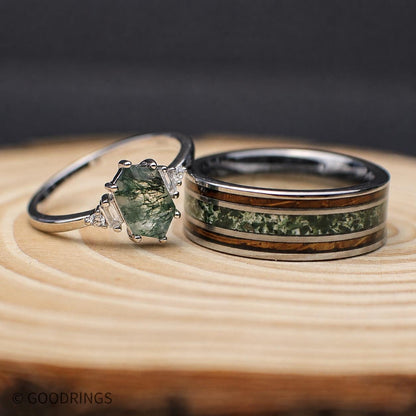 Female and Male couple ring set made out of tungsten, sterling silver, charred Whiskey Barrel, and Moss Agate.