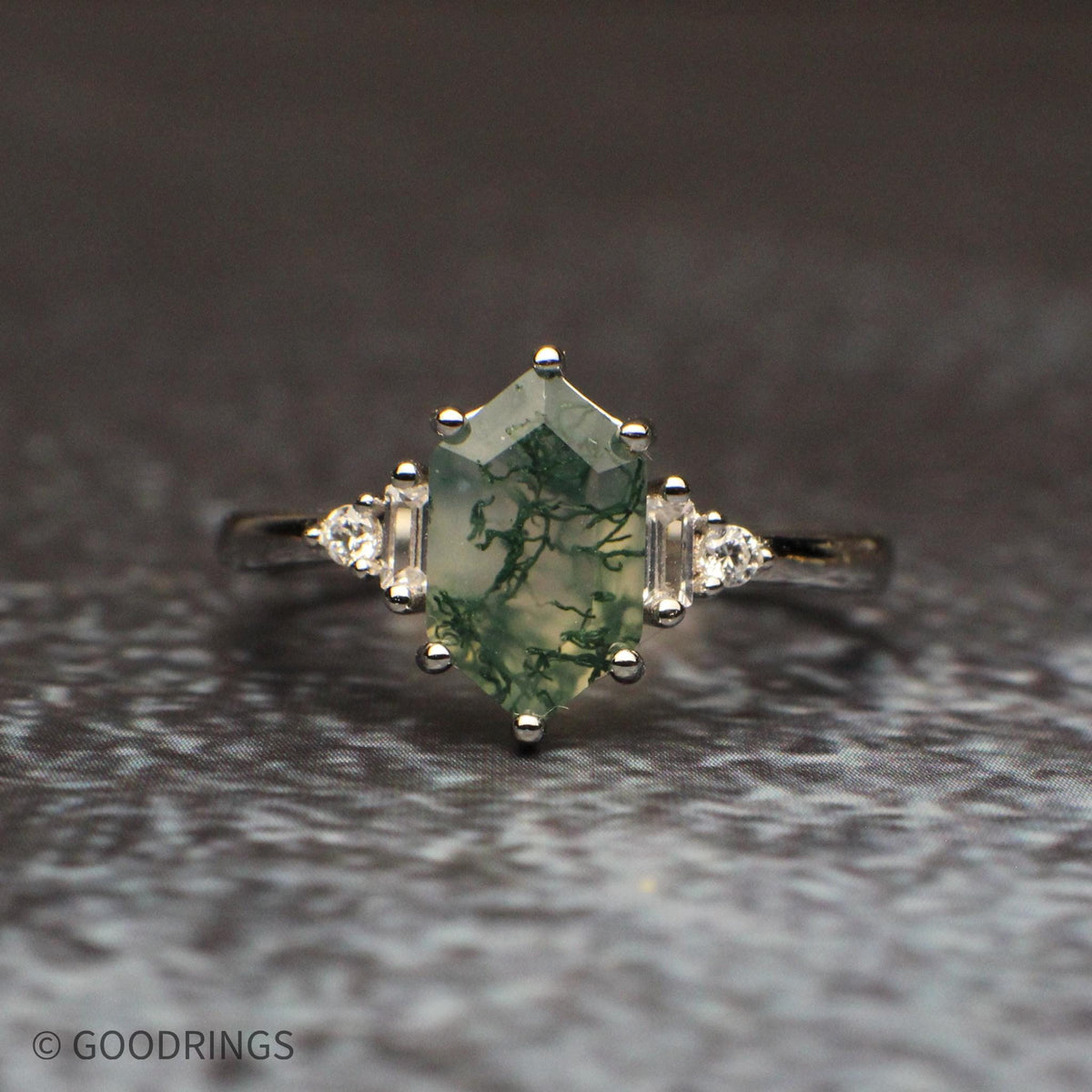 The Ridgeline Set – moss agate and faceted tungsten couples rings