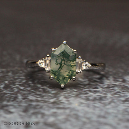 The Ridgeline Set – moss agate and faceted tungsten couples rings