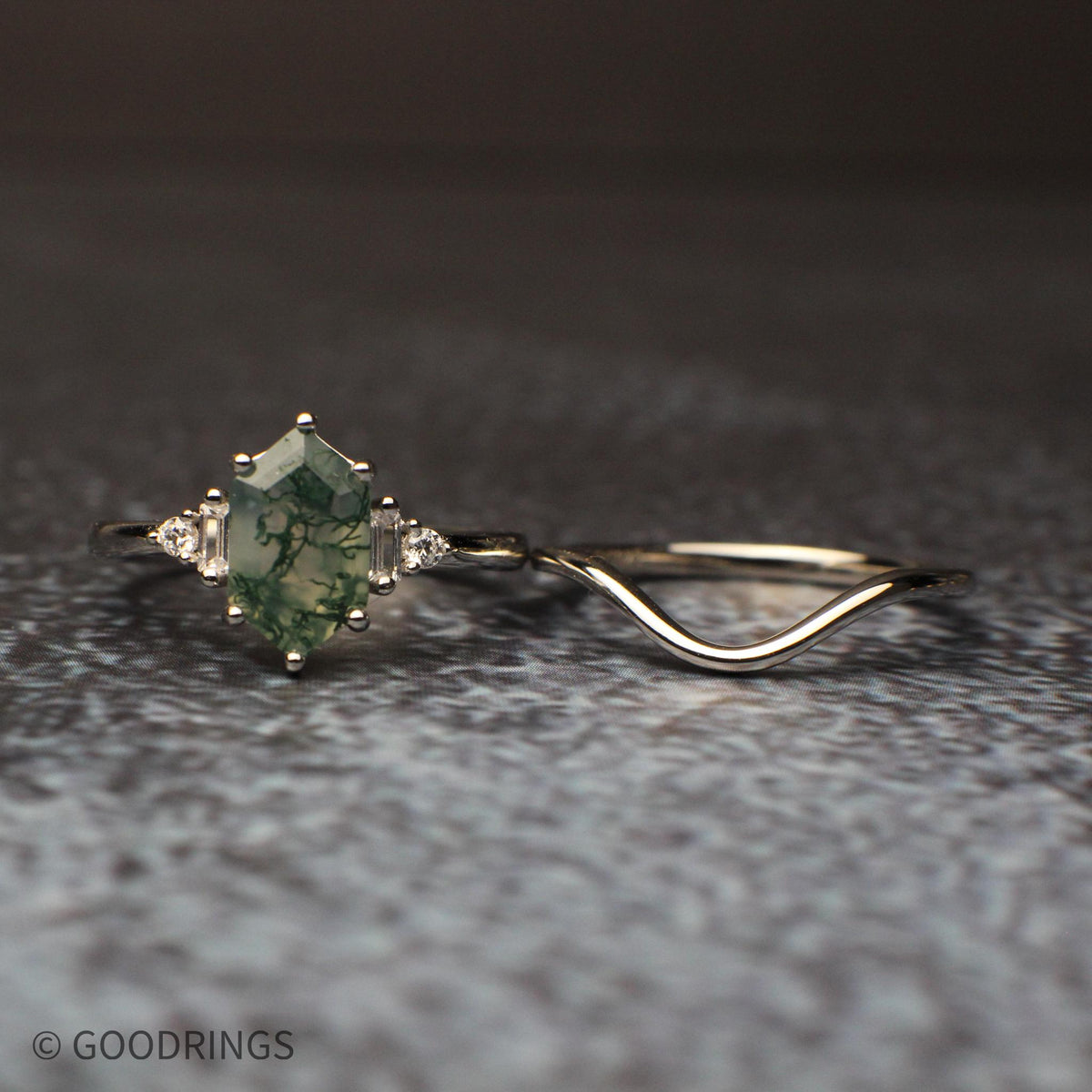The Ridgeline Set – moss agate and faceted tungsten couples rings