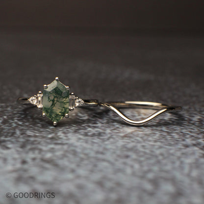 The Ridgeline Set – moss agate and faceted tungsten couples rings