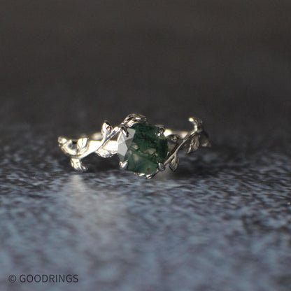 The Ivy – moss agate leaf and vine ring in sterling silver