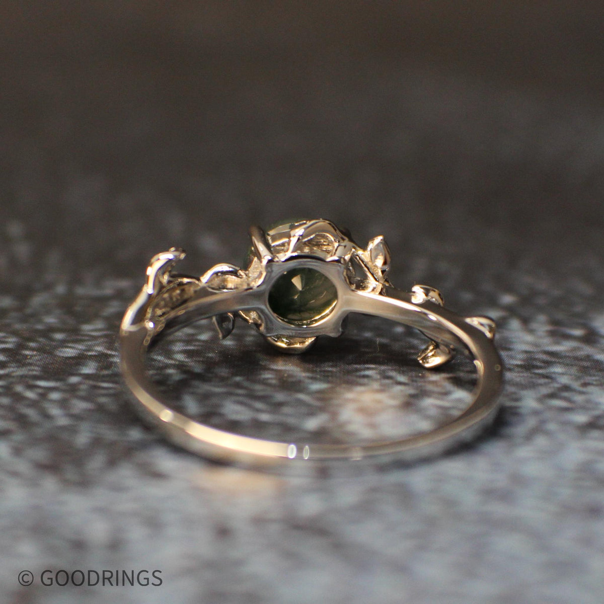 Backside of ring to show stone setting of moss agate ring