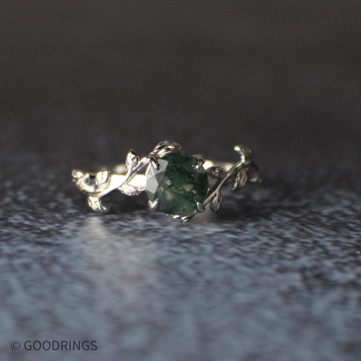 very dark moss agate gemstone in wedding band