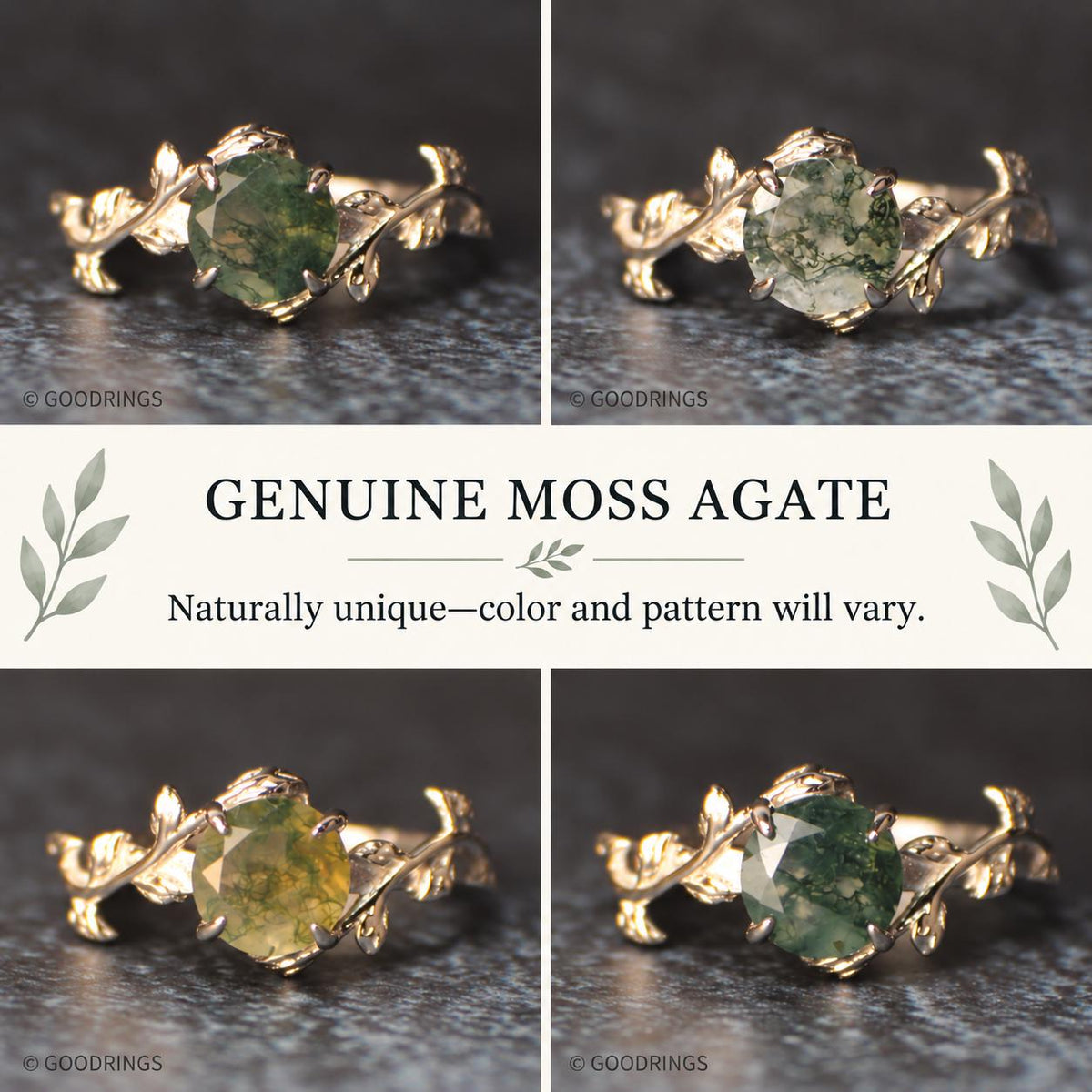 Picture showing collage of different colored moss agate rings