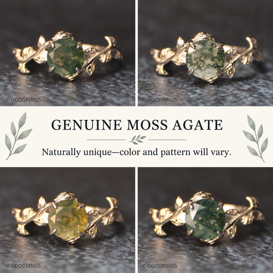 Picture showing collage of different colored moss agate rings