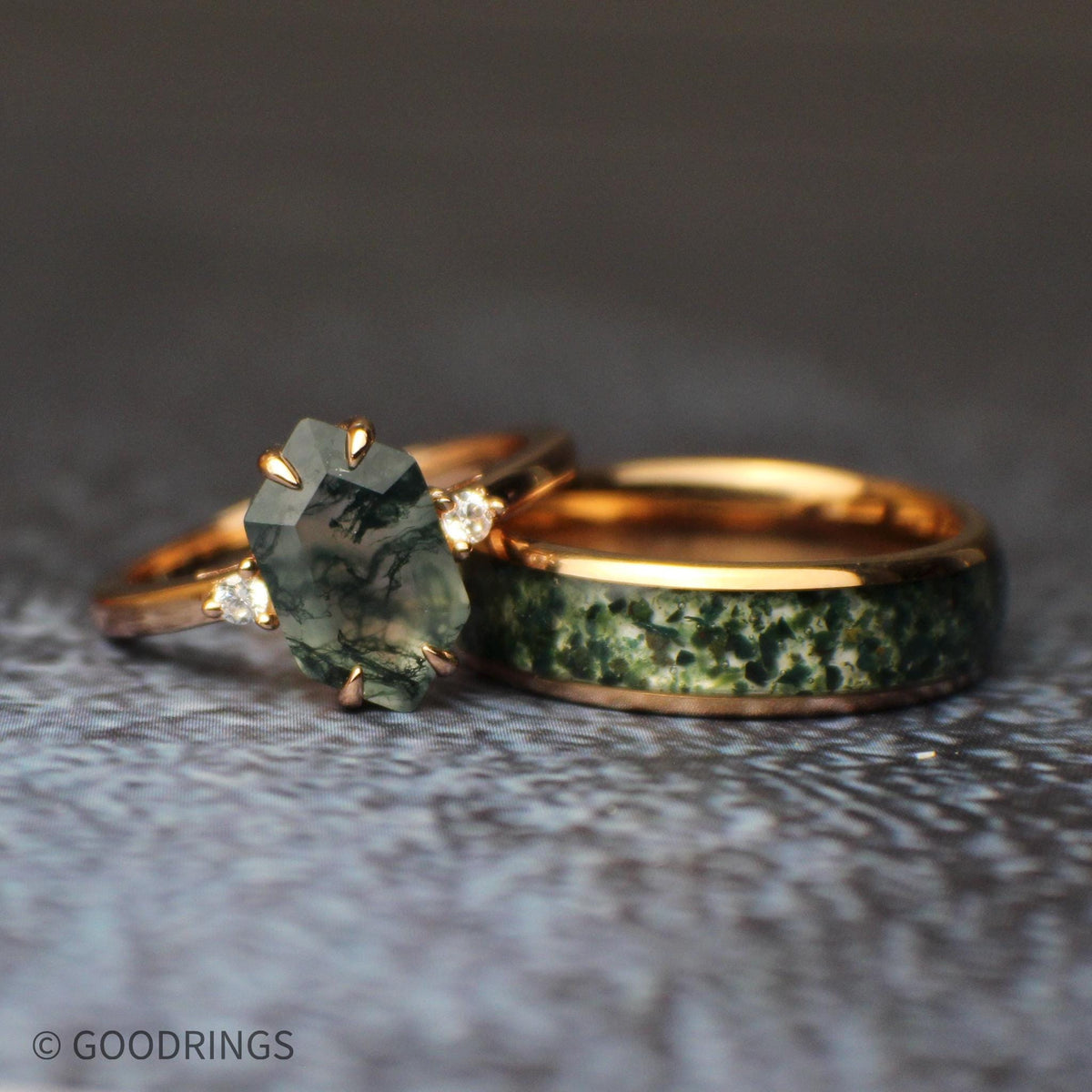 18K rose gold wedding ring set with moss agate