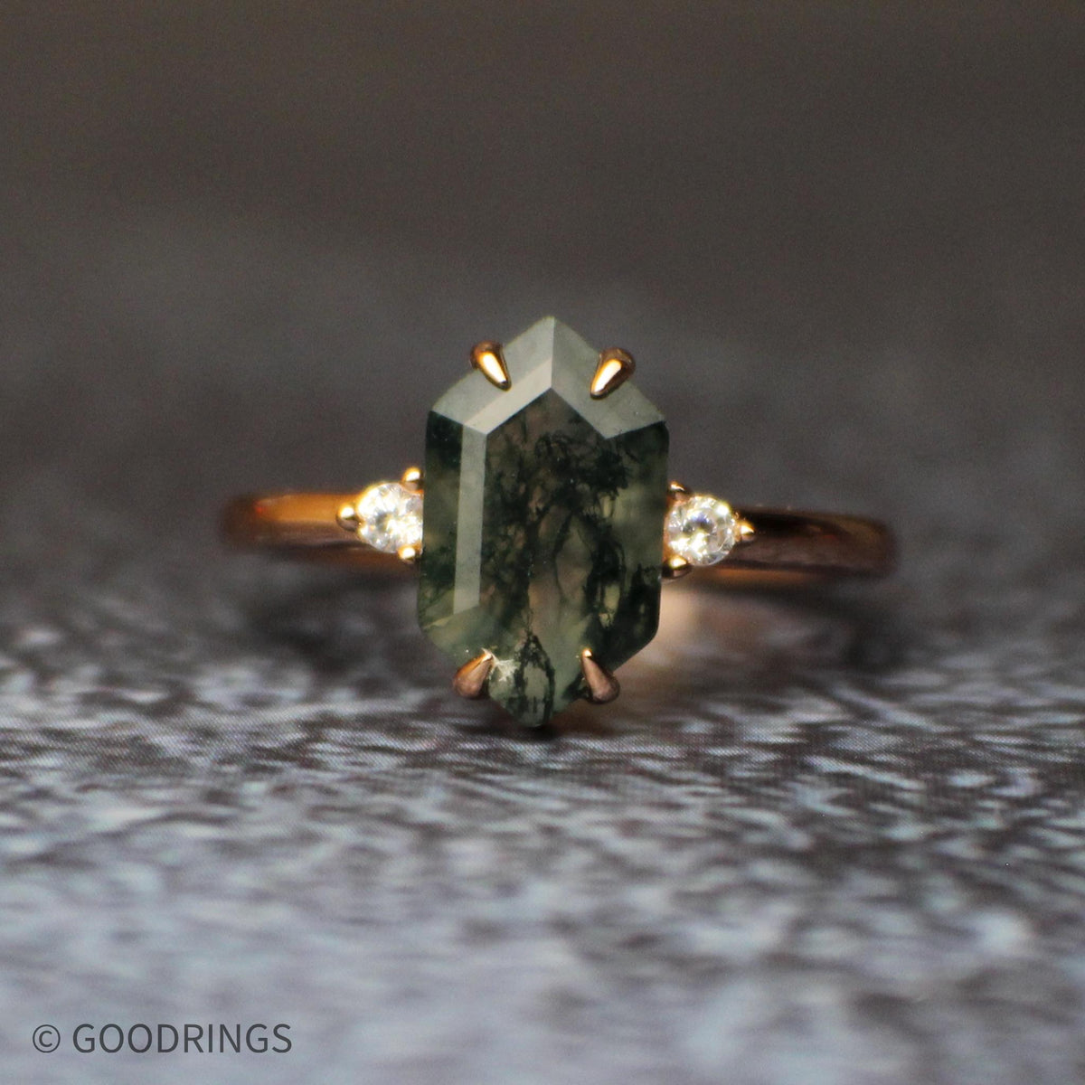 Darker moss agate rose gold female ring